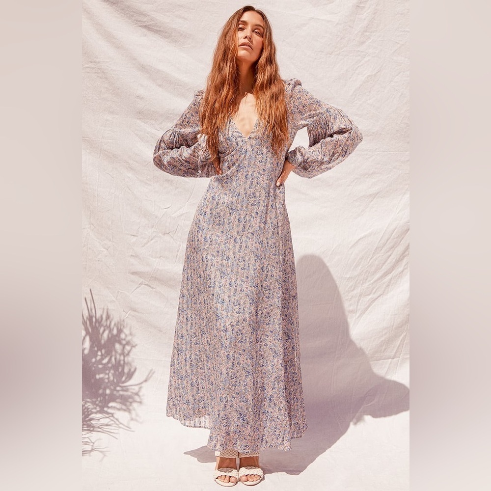 Lulus Garden Paths Floral Puff Sleeve Maxi Dress hippie Gypsy babydoll prairie S